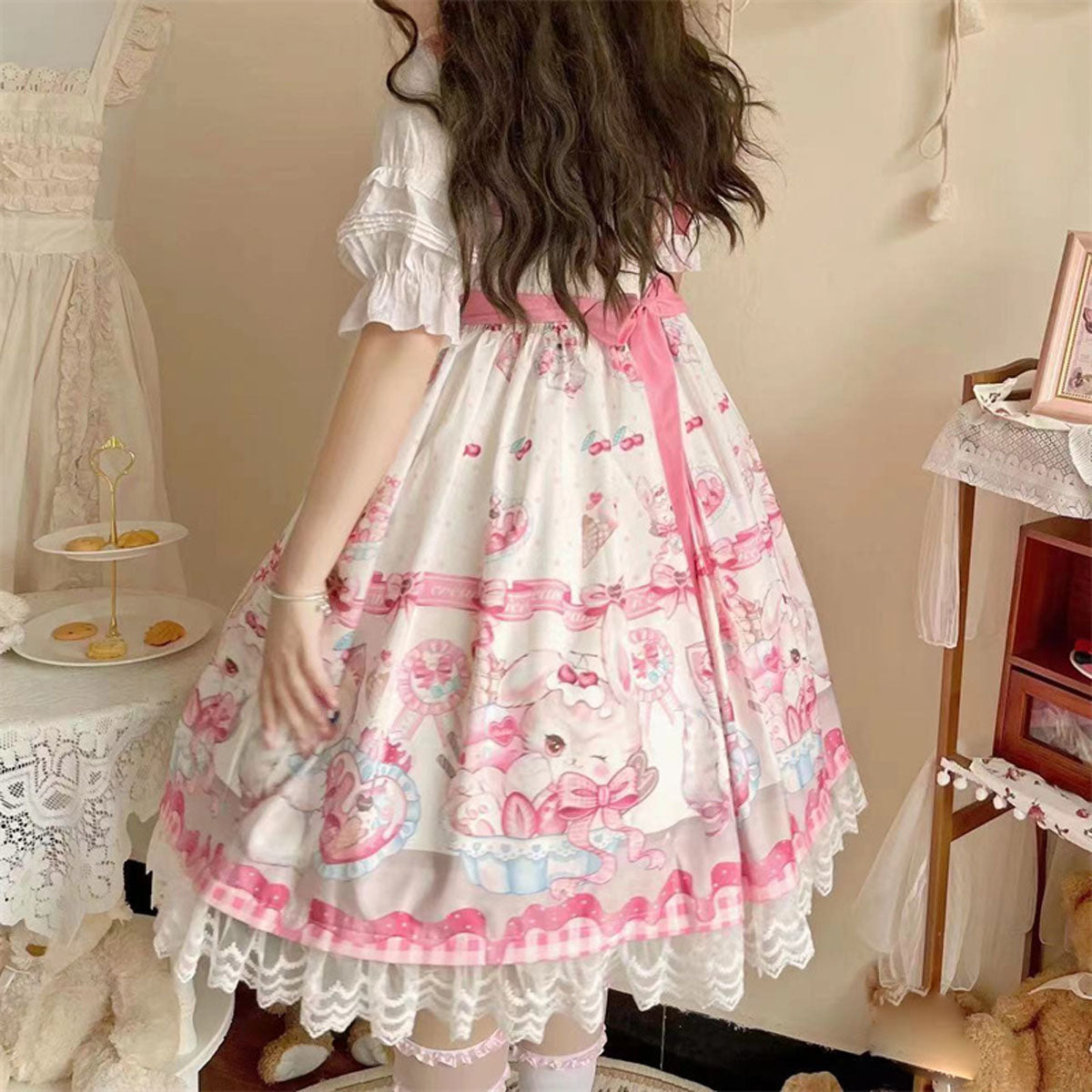 Cute Cos Lolita Dresses for Women Vintage Dress Cotton with Bunny Short Sleeves Off Shoulder